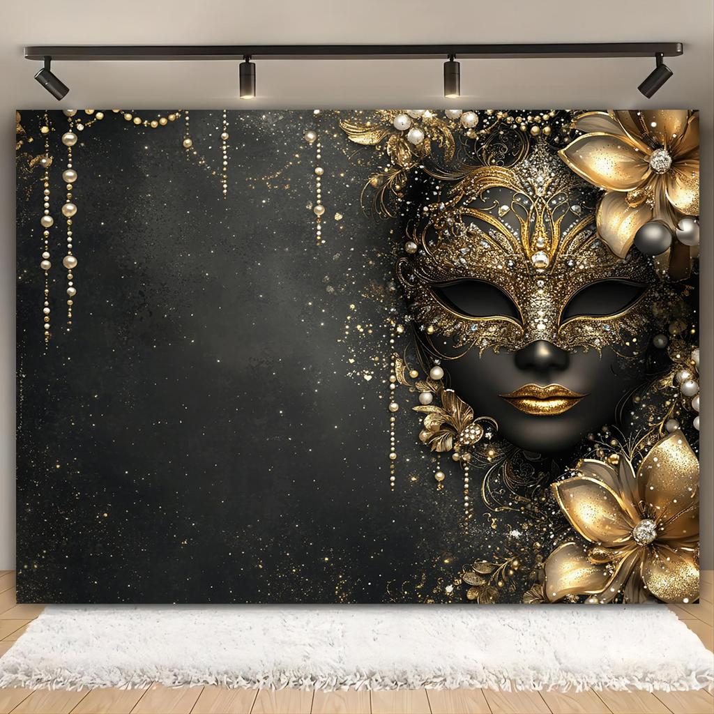 2D flat, elegant black and gold mask-themed party background - versatile for weddings, birthdays, and masquerade parties