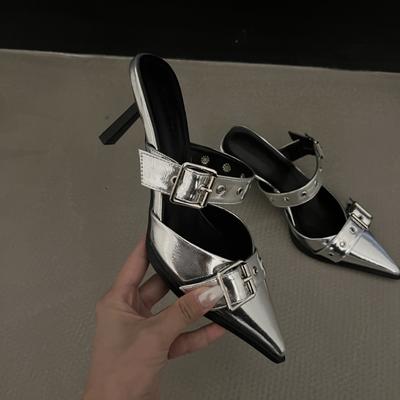 Punk Goth Metal Buckle High Heels Sandals Women 2024 Summer Pointed Toe Silver Party Shoes Woman Korean Style Thin Heels Sandals
