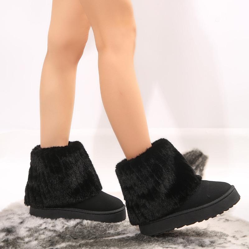 Cotton boots thick-soled round head flanged hairy trousers mid-tube women's boots autumn and winter new foreign trade large-size women's snow boots