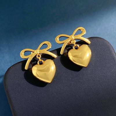 Korean Sweet And Simple Earrings Metal Glossy Bow Love Earrings Three-Dimensional Peach Heart Earrings Copper