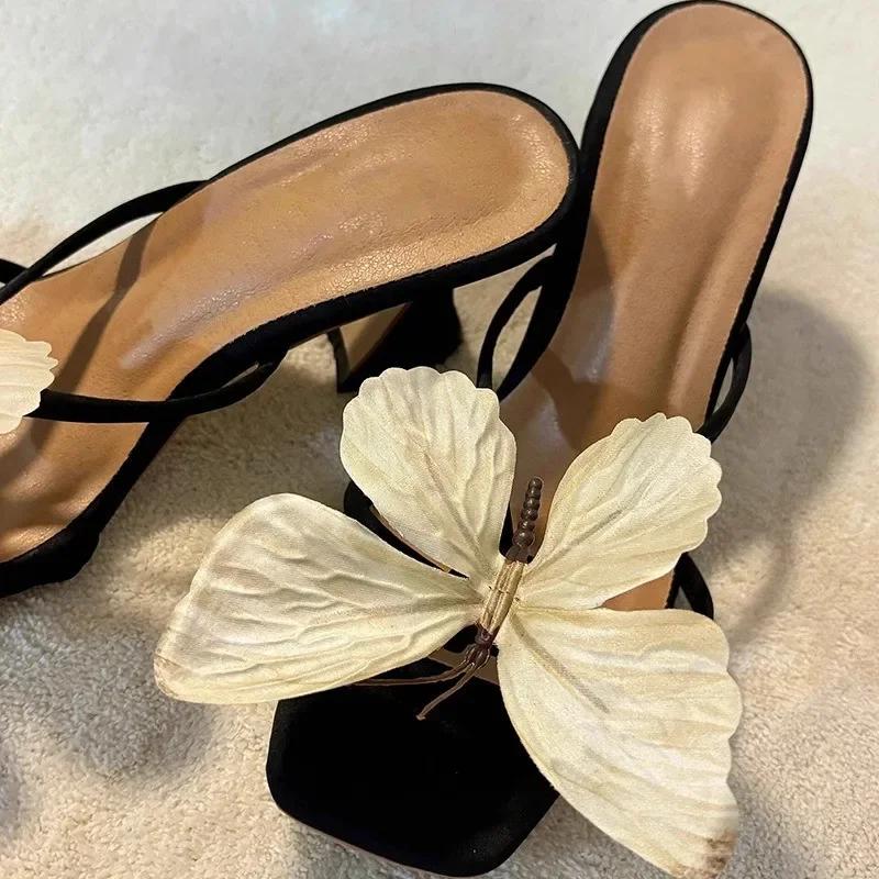 Elegant Woman Heeled Shoes New Open Toe Slippers Women Fashion Dress String Bead Butterfly High Heels Women's Square Toe Sandals