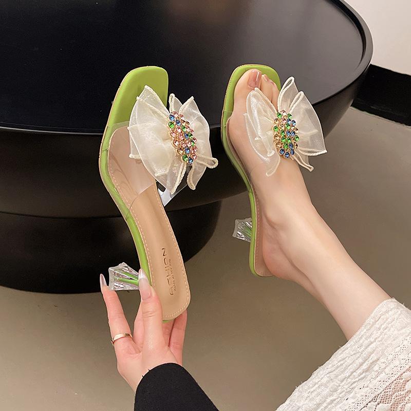 Bow cat heel cool slippers female summer wear open-toed square head French fairy one-word drag large size rhinestone high heels