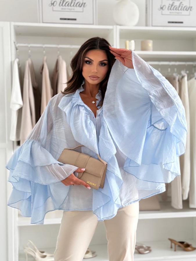 Cross2026 Dam Vår V-ringad Volang Chiffong Blus - Europeisk och Amerikansk Fransk Modestil.