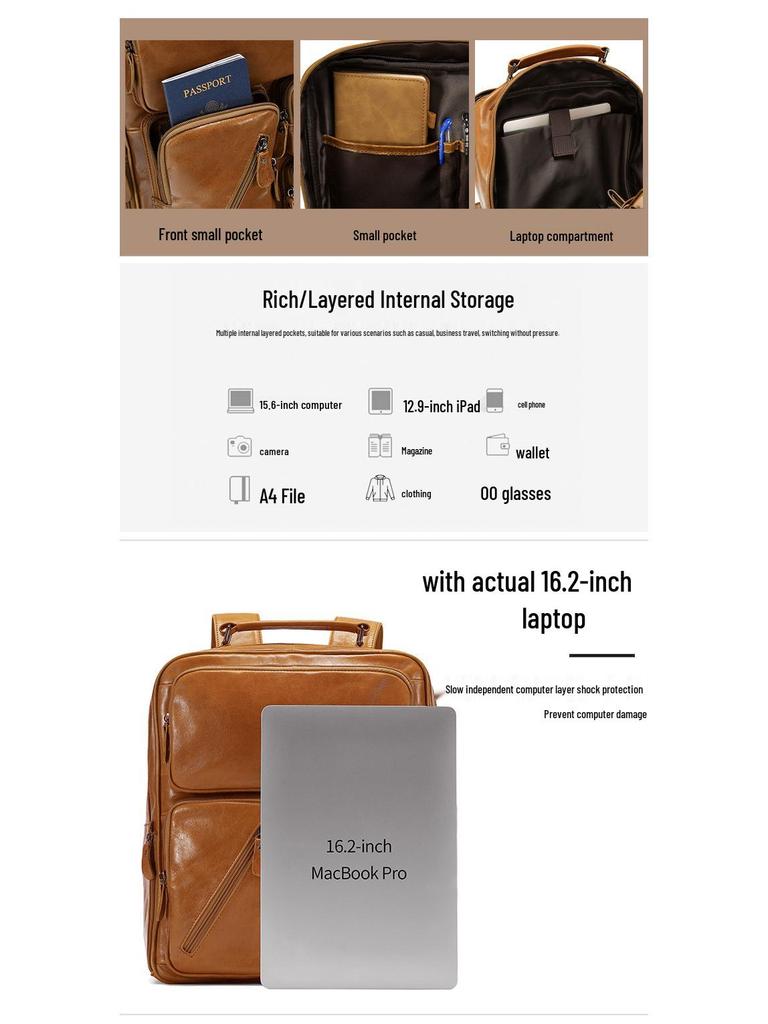 Men's Genuine Leather Multi-Pocket Travel Backpack: Large Capacity, Versatile, and Ideal for Casual Outdoor Adventures.