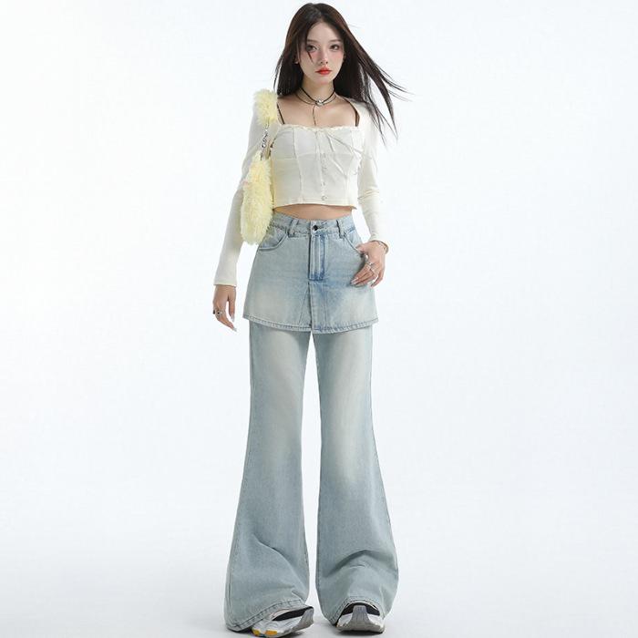 

Spring 2025 Spicy Girl Bell Bottom Jeans for Women – Light Blue, Long Pants with White Background Medium