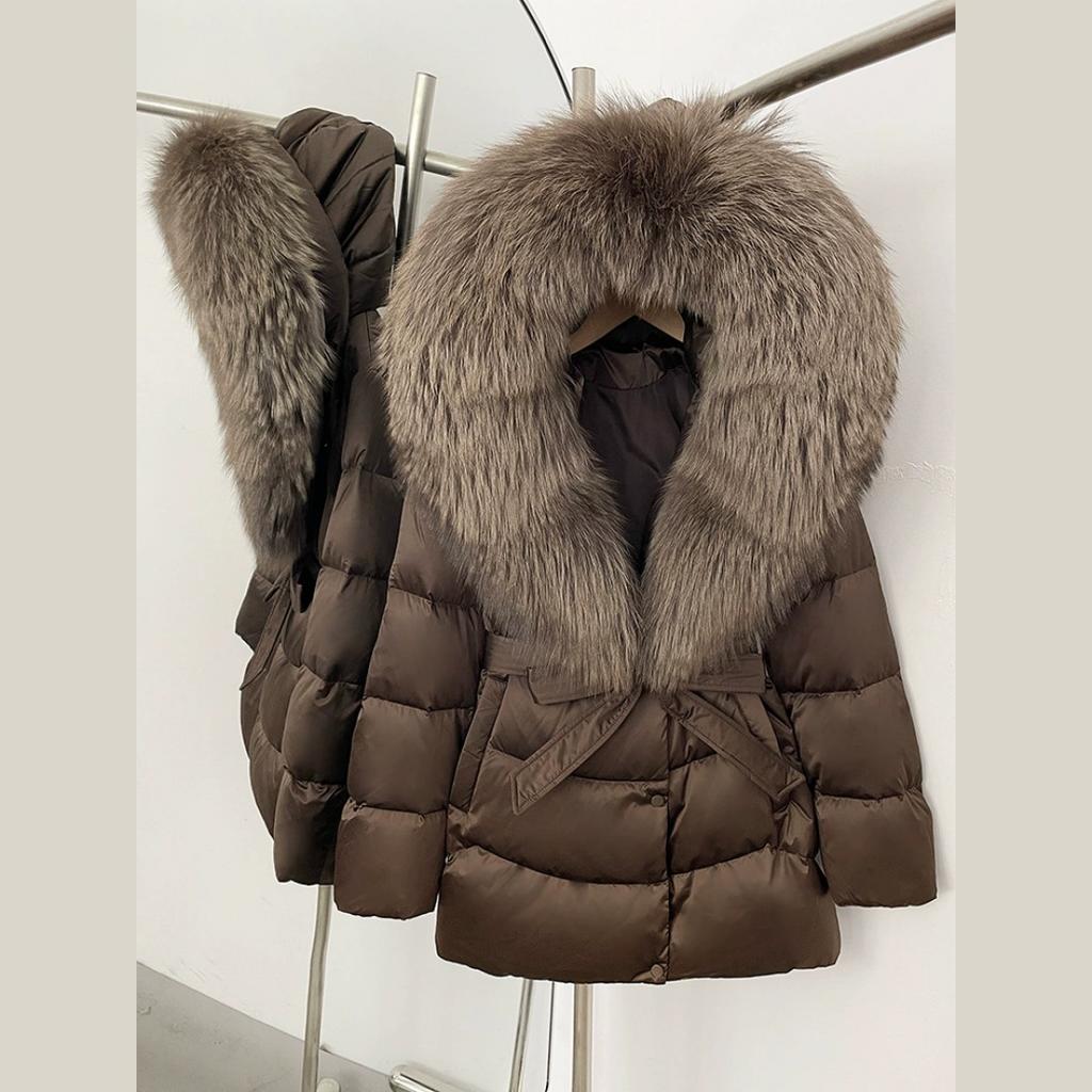 Winter Fox Big Fur Collar High-end Thickened Down Jacket Women's Mid-length Waist Imitation Leather Jacket
