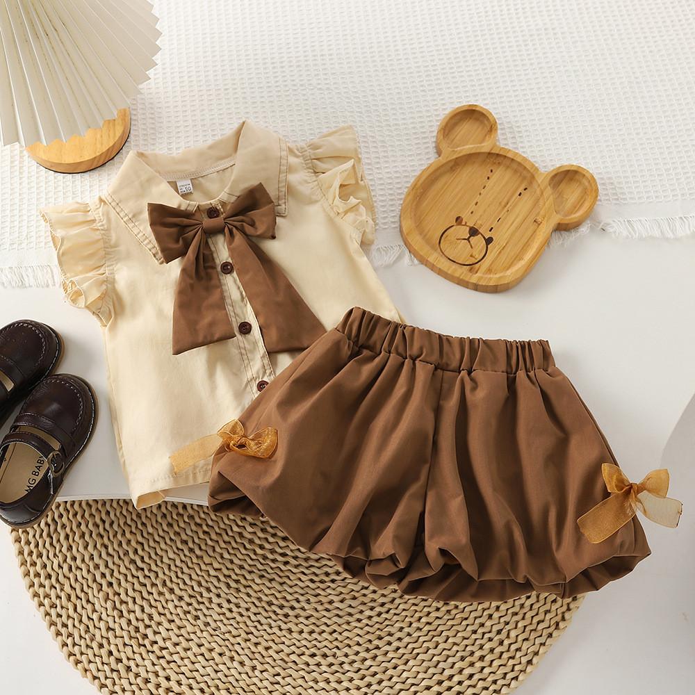 

Trendy Summer Toddler Girls Outfit Featuring Bow Sleeveless Shirt And Comfortable Shorts Set StyleA