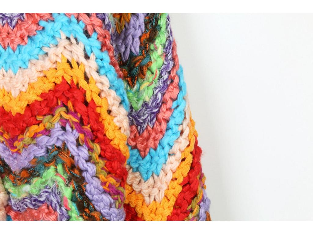 Trendy V-neck Rainbow Cable Knit Cardigan - Loose Fit for Autumn/Winter