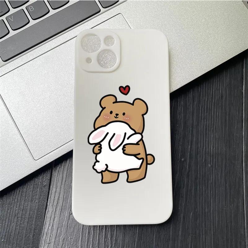 Cartoon Cute Bunny Bear Paired Couple Phone Case For IPhone 13 11 12 15 16 Pro Max Mini X XS XR 14 Plus Lovers Cover Funda Shell