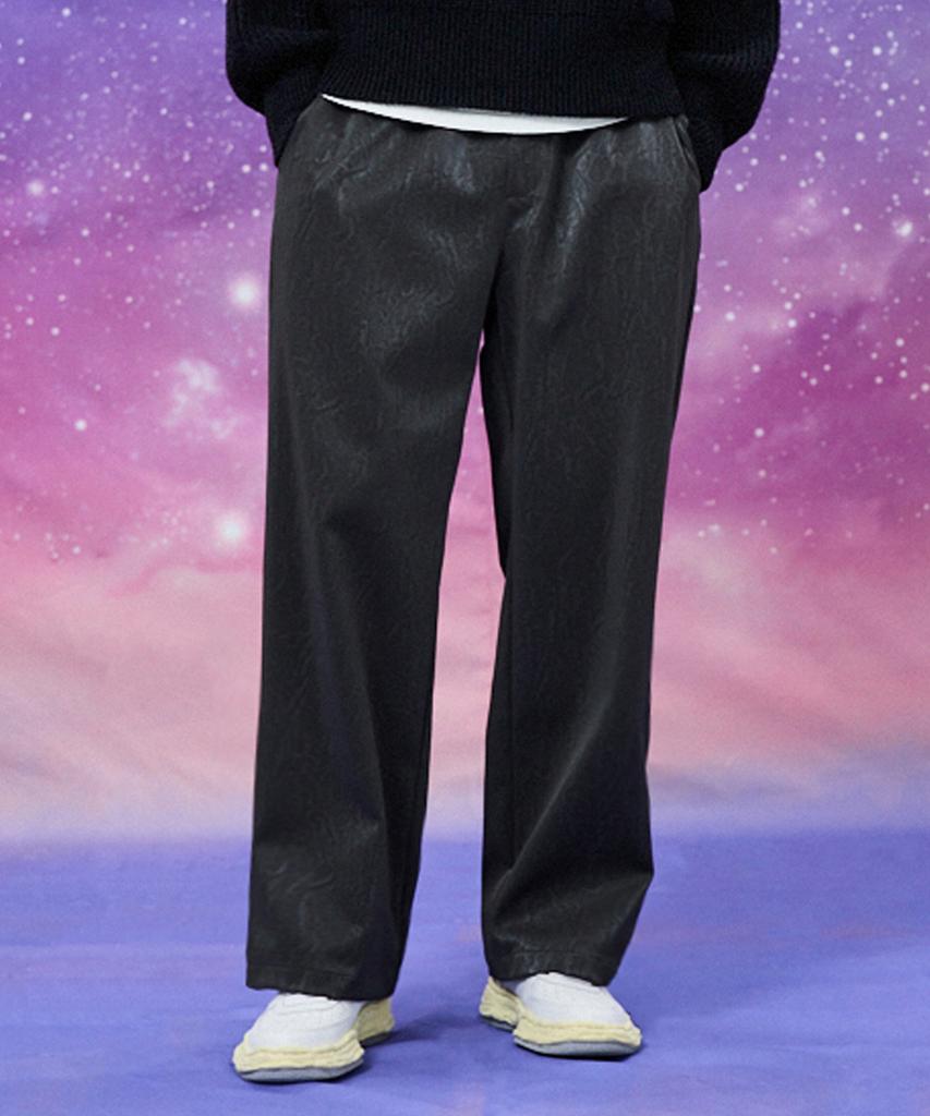 WAIKEI Wide Crack Artificial Leather Banding Pants Gray