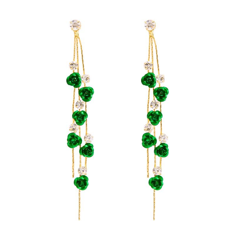 Temperamental Woman 2025 Trendy Multicolour Rose Flower Earrings Alloy Rhinestone Long Tassel Elegant Eardrop Party Jewelry Gift