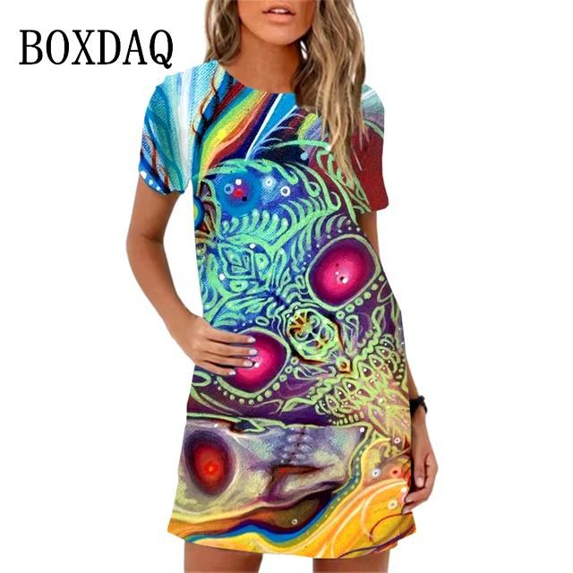 Elegante Abito Midi da Donna a Maniche Corte Moda Stampa 3D Taglie Forti Abbigliamento da Spiaggia