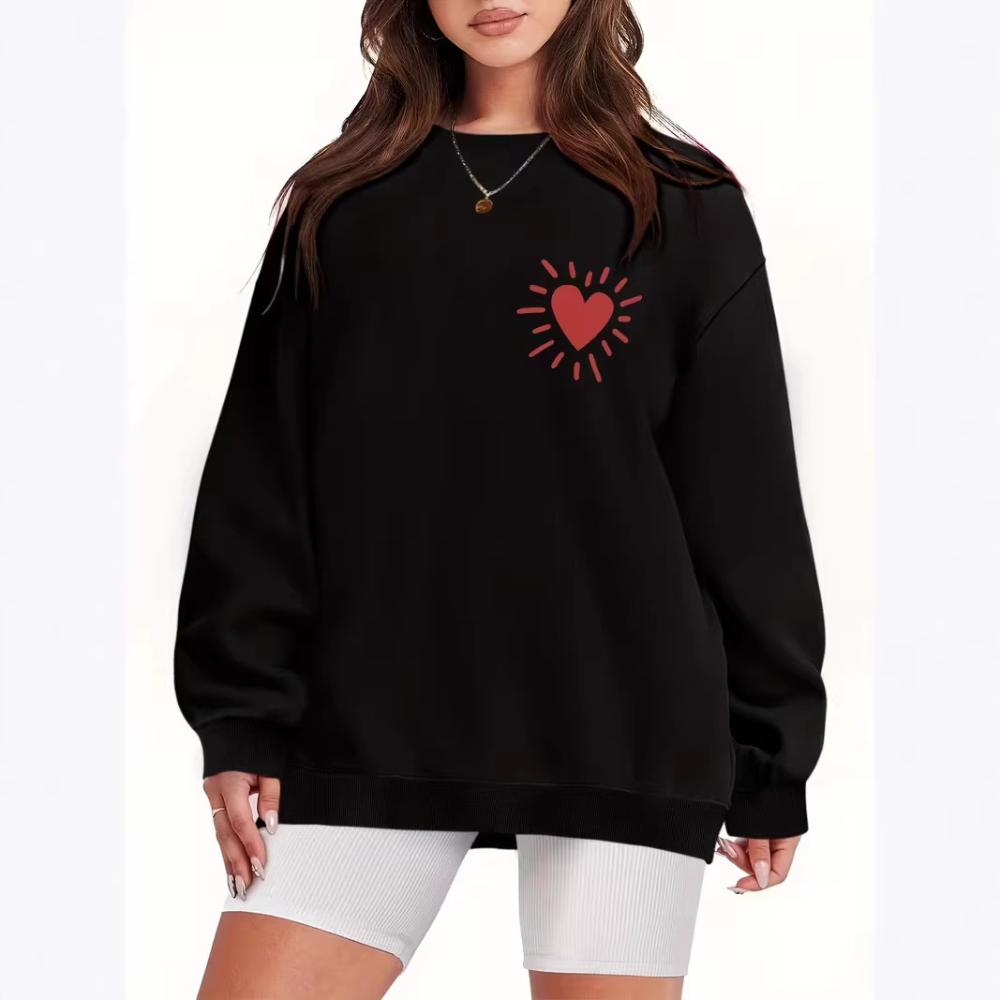 Heart Print Crew Neck Long Sleeve Ladies Casual Fleece Loose Pullovers Long Sleeves Women’s