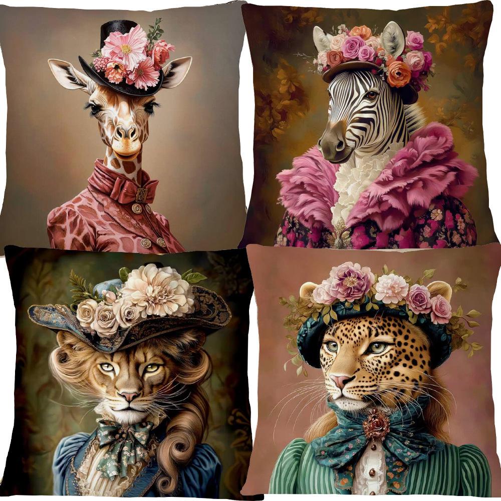 Fashion Animals Portraits Poster Zebra Tiger Leopard Lion Giraffe Fox Moose With Floral Cushion Cover Decorative Pillow Case