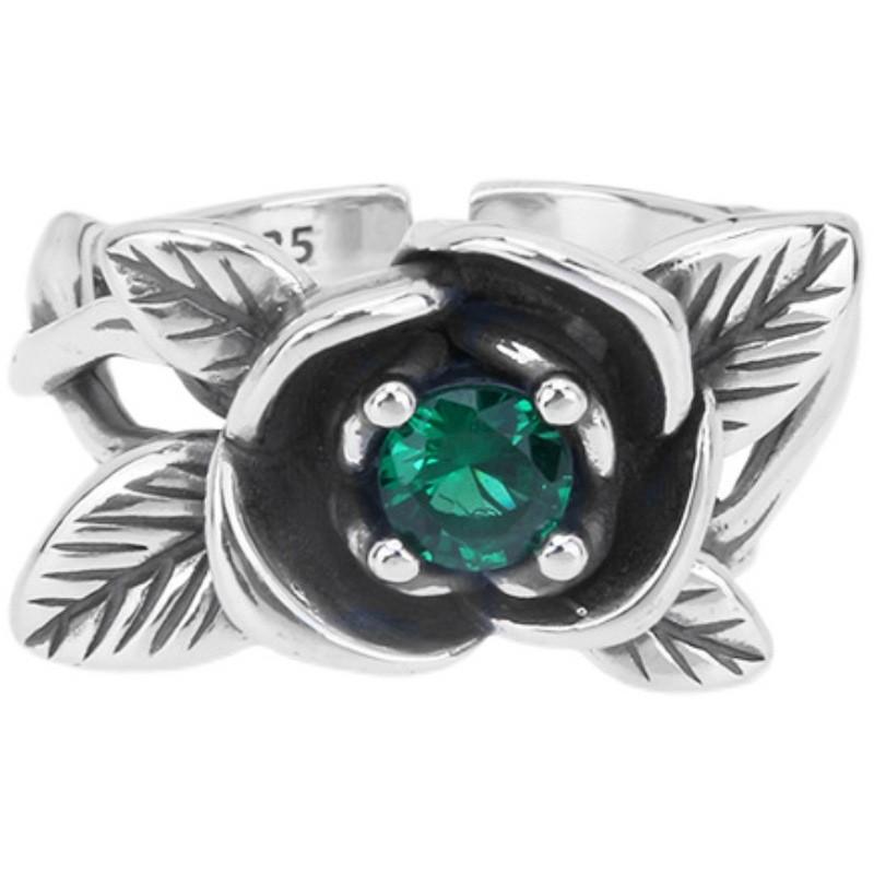 Exquisite Korean Style Vintage Exaggerated Green Zircon Rose Flower Ring For Women