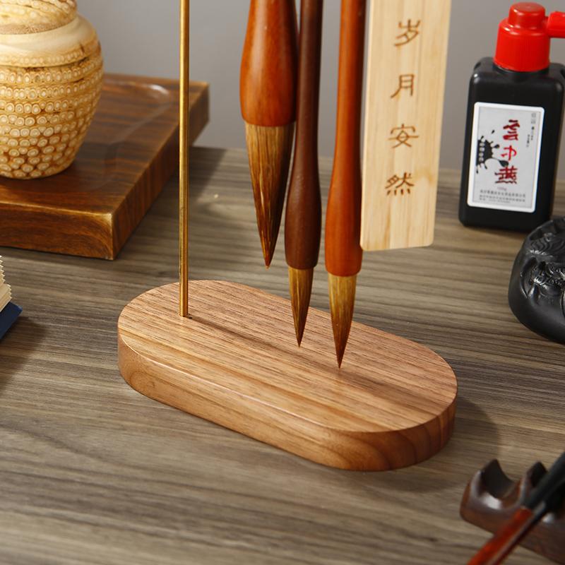Suport pentru pensulă chinezească din alamă cu bază din nuc, suport pentru caligrafie, suport pentru cerneală, suport pentru pensulă de scris cu 10 ace