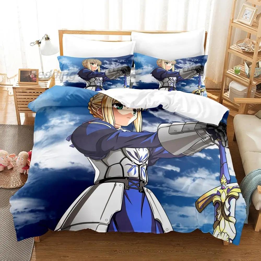 Kawaii Fate Saber Bedding Set Single Twin Full Queen King Size Bed Set Aldult Kid Bedroom Duvetcover Sets 3D Anime Bed Sheet Set
