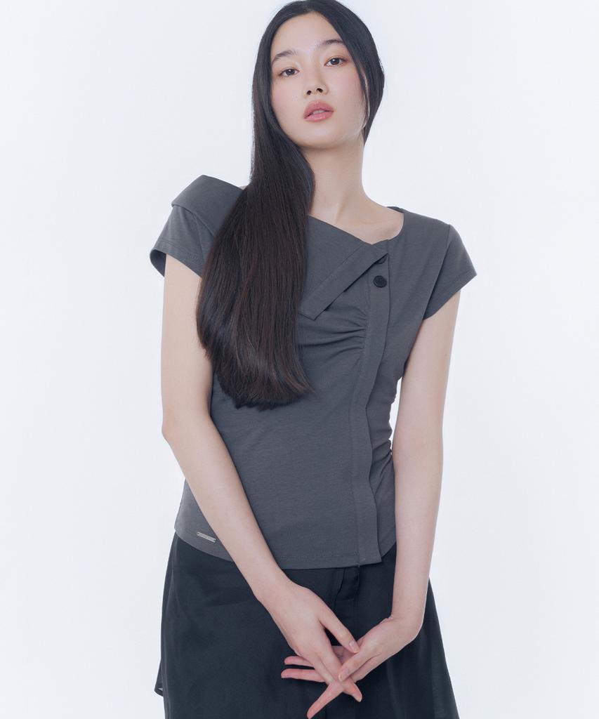 MISEKI SEOUL Folding Collar Shirring Top Charcoal