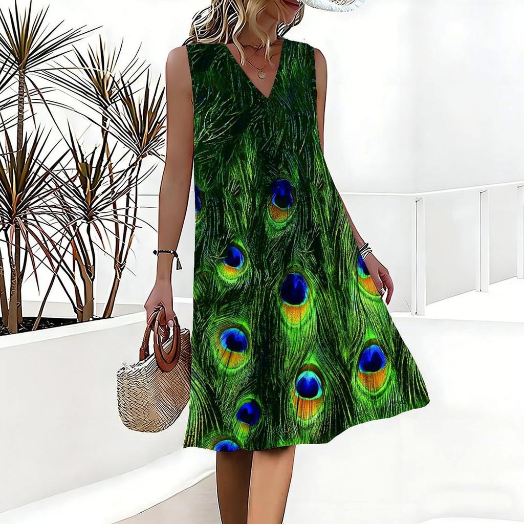 Plus Size V Neck Sleeveless Dress Green Mountain Waterfall Scenic Print For Nature Holiday Journey