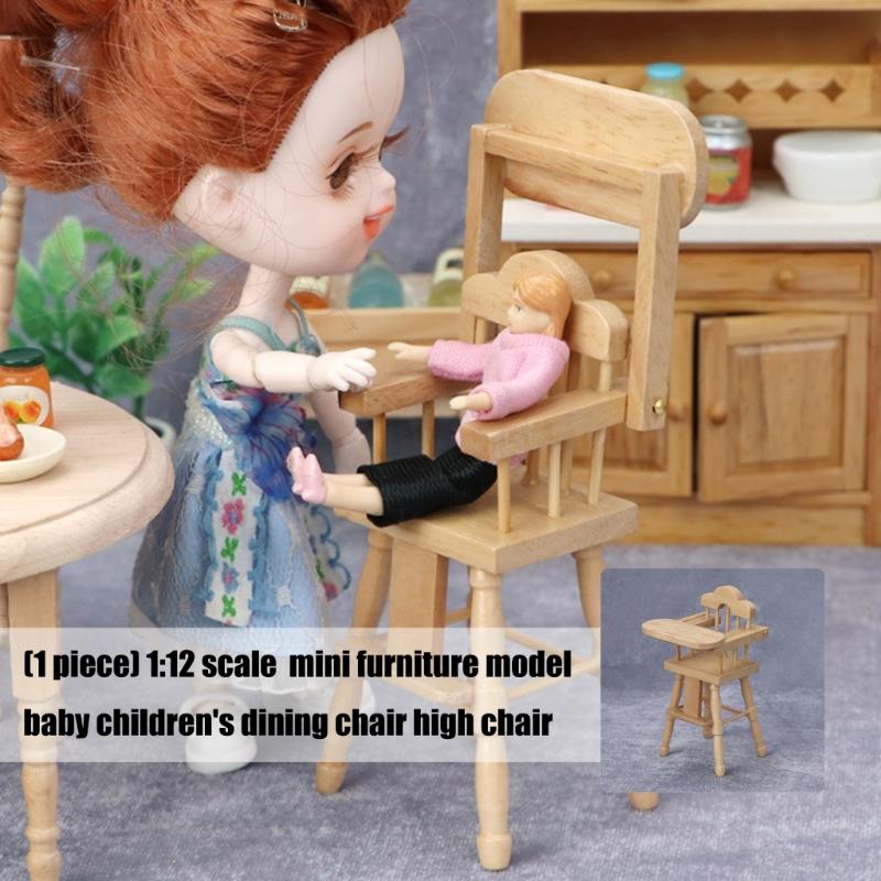 1/12 Scale Wooden Dollhouses Baby High Chair Miniature Realistic Dining Furniture for Kids Role Play