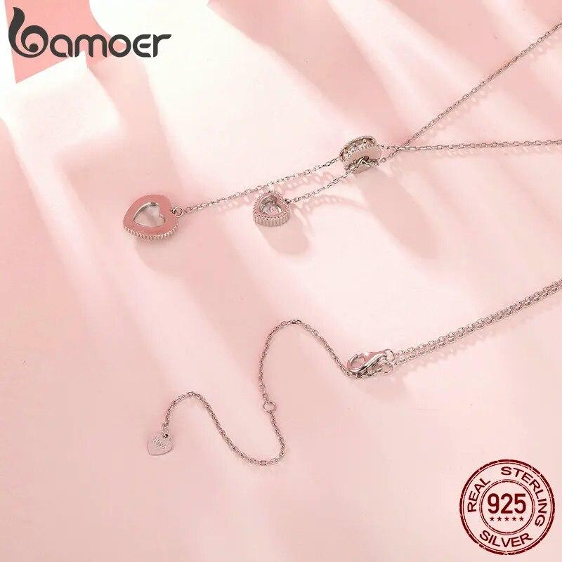 Bamoer 925 Sterling Silver Love Pendant Y Shape Necklace Double Heart Neck Chain for Women Valentine's Day Fine Jewelry Gift
