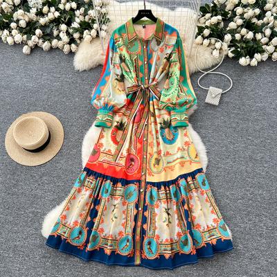 Spring Summer Women Brand Designer Vintage Print Runway Dress Turn-down Collar Long Maxi Shirt Party Dresses