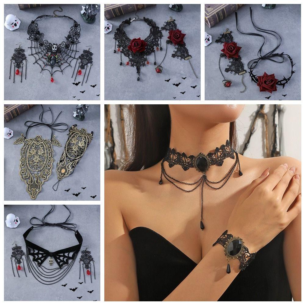 Bracelet Halloween Necklace Exaggerated Gothic Earrings Lace Flower Jewelry Set Halloween Costume