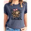 Single-piece women's short-sleeve shirt T Shirt Leopard print Apple teacher-themed casual crew neck sports top Suitable for wear in spring, summer,