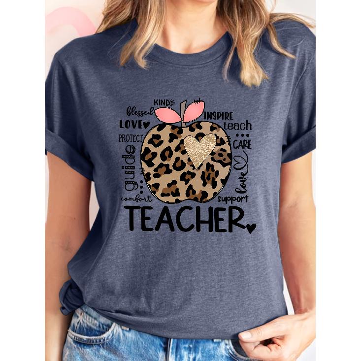 Single-piece women's short-sleeve shirt T Shirt Leopard print Apple teacher-themed casual crew neck sports top Suitable for wear in spring, summer,