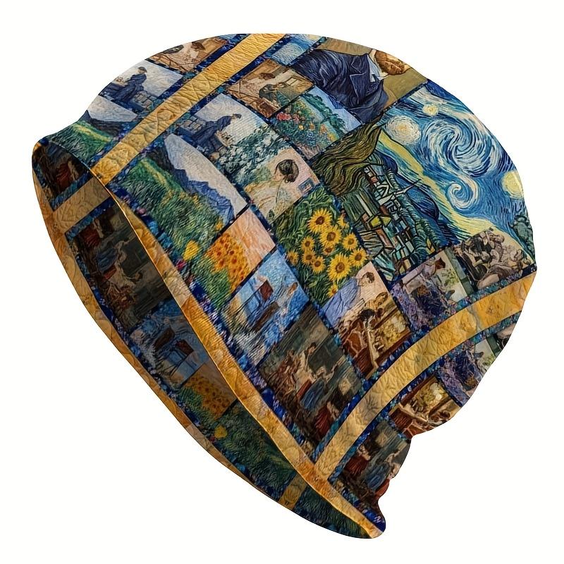 Eine künstlerische Strickmütze für Herren mit Van-Gogh-Motiven – Klassische Muster wie Sternennacht und Selbstporträt, Hergestellt aus strapazierfähigem Strickstoff, Bequem