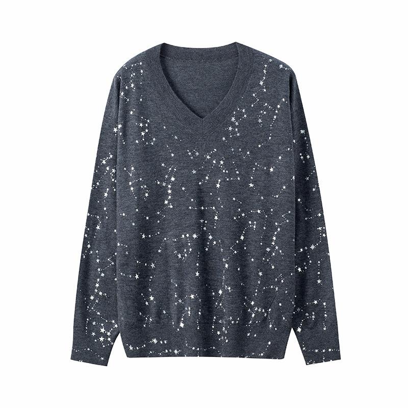 

Женский вязаный свитер с принтом звезд, новый на раннюю осень, с длинными рукавами, внутренний, свободный и тонкий, базовая футболка, тонкий one size fits all серый