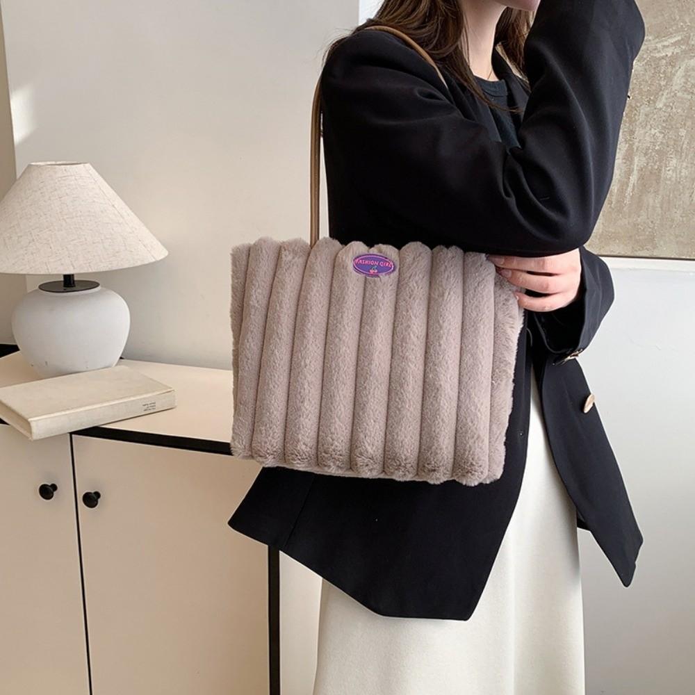 Stripe Plush Shoulder Bag Portable Commuting Handbag Polyester Furry Tote Bag  Women