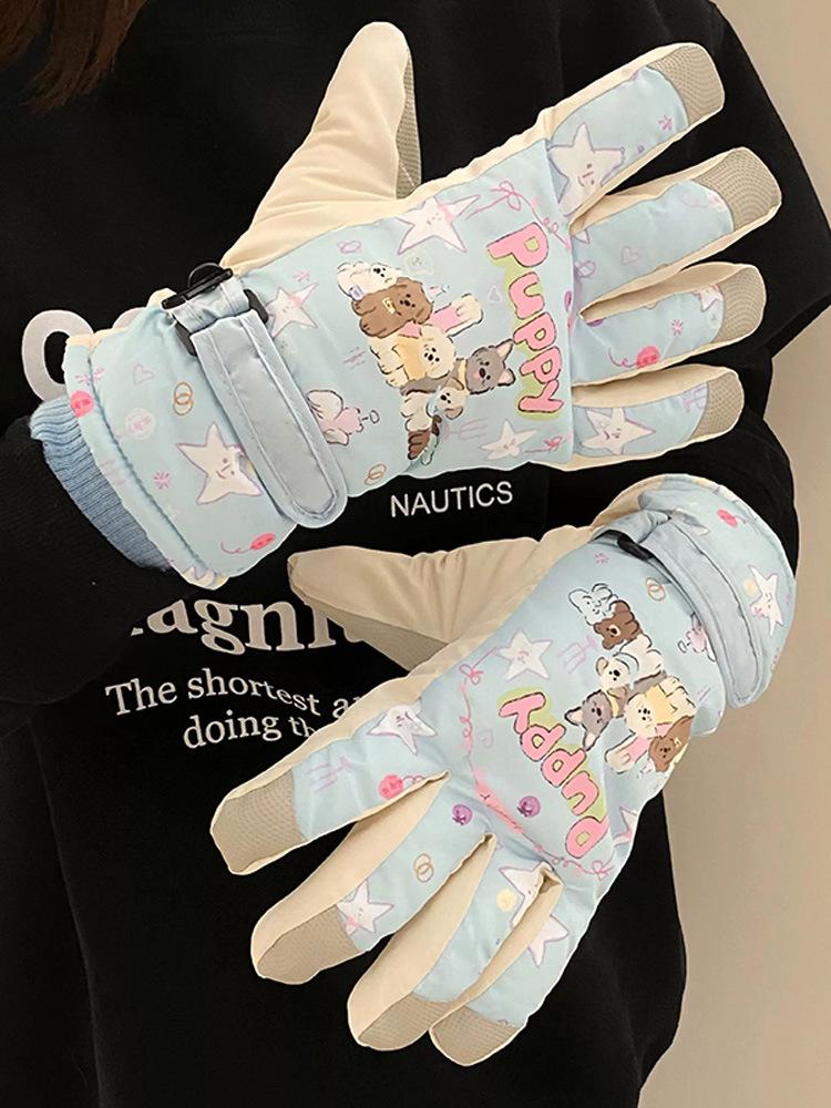 Dámské teplé lyžařské rukavice pro dotykové displeje - s sametovou podšívkou, voděodolné, s ochranou všech prstů pro cyklistiku a jízdu.