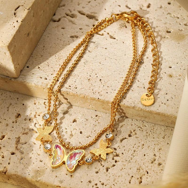 Womens Titanium Steel Butterfly Zircon Pendant Layered Bracelet Fashion OL Style Lightweight Luxury Accessory
