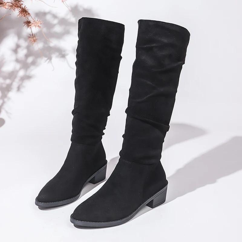 Retro Knee High Western Boots Women  Autumn Faux Suede Thick Heels Long Boots Woman Plus Size 43 Pointed Toe Cowboy Botas 43
