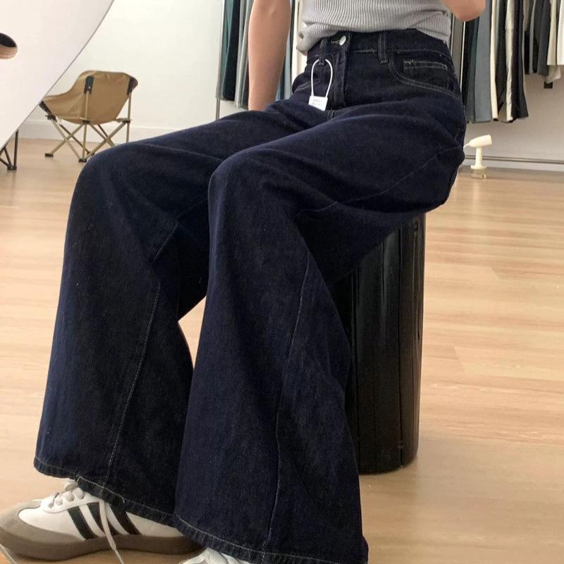 Dark Blue Wide-Leg High-Waisted Women's Jeans - Retro American Spring 2025 Floor-Length Denim