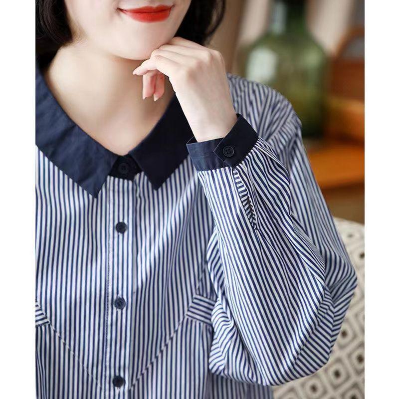 Striped Women's Loose Versatile Doll Collar Long Sleeve Shirt Ladies Top