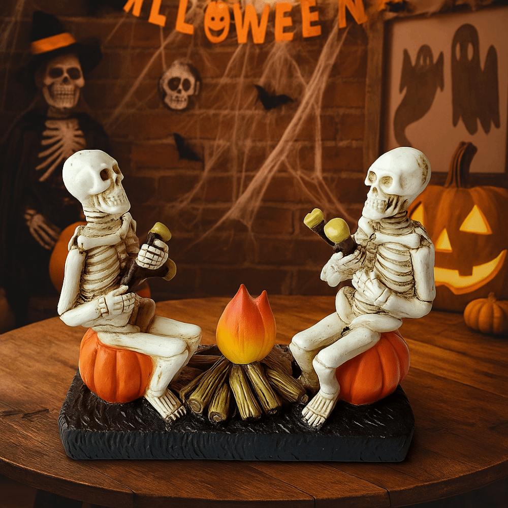 Creative Pumpkin Bonfire Skeleton Statue Resin Durable Halloween Skeleton Decoration Craft Spooky Pumpkin Skull Figurine