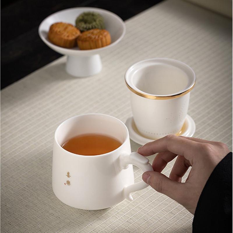 Chinese Suede Jade White Porcelain Tea Cup Mug with Lid and Strainer Ceramic Teacup Tea Water Separation Cup Travel Teaware