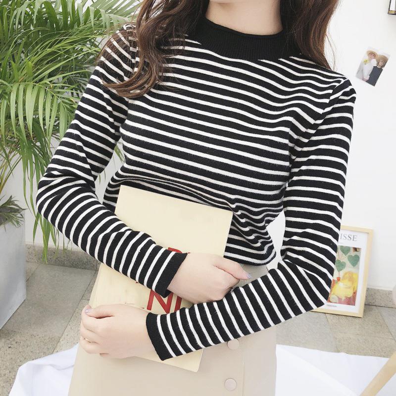 Women Striped Mock Neck Sweaters Slim Elastic Long Sleeve Casual Pullovers Knitted Warm Tops For Women 2023 Autumn Winter
