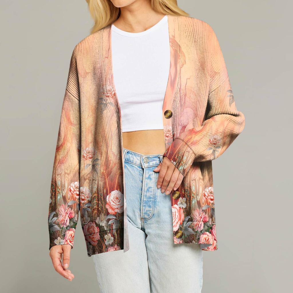 Women's Fashion Long Sleeve Print V-Neck Button Loose Cardigan Top