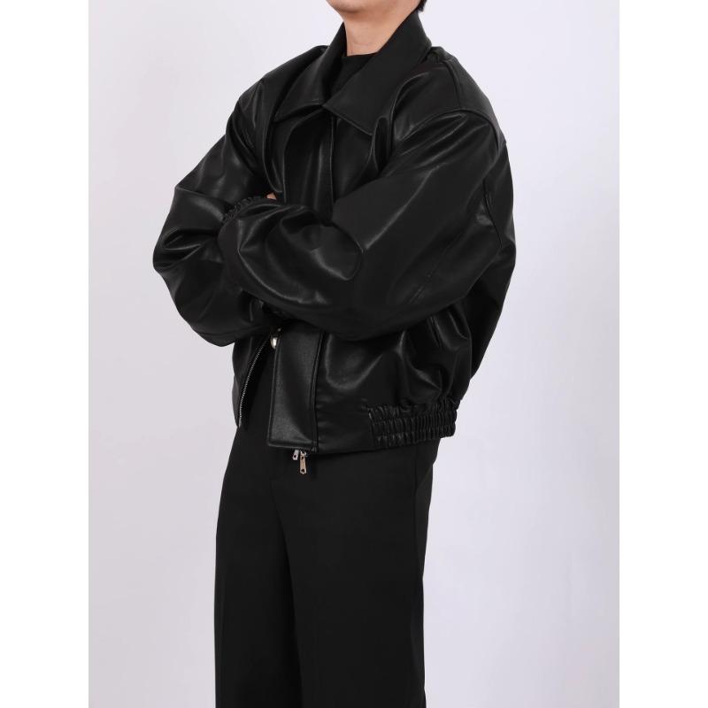 Men Loose Casual Short Pu Leather Turn Down Collar Street Fashion Jacket