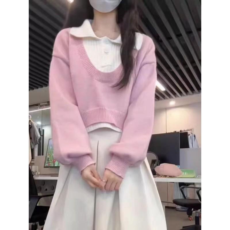 Womens Short Polo Neck Sweater 2 Piece Set Casual Knit Top Slim Waist Winter