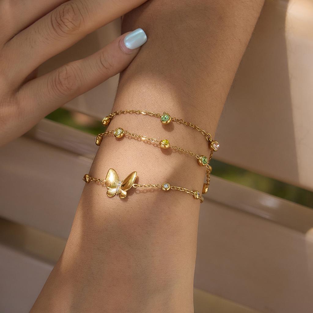 Youthway Delicate Round Zircon Butterfly Bracelet For Women Minimalist 18K Gold Plated Stainless Steel Bracelet Fashion Jewelry