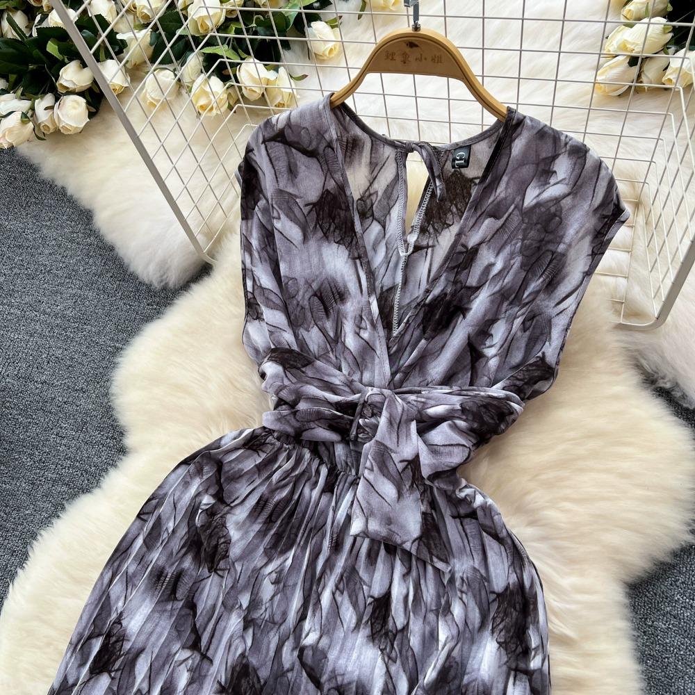 Casual Feminino Verão Floral Estampa Macacões Moda V Decote Sem Mangas Cintura Alta Larga Plissado Perna Comprimento Total Macacão