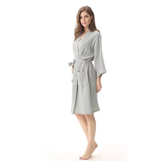 Plain Color Thin Bathrobe Cotton Double Layered Washed Gauze Women's Yukata Kimono Style Women's Nightgown