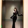 Women's Black One-Shoulder Lace Patchwork Long Sleeve Bodycon Dress for Spring/Autumn