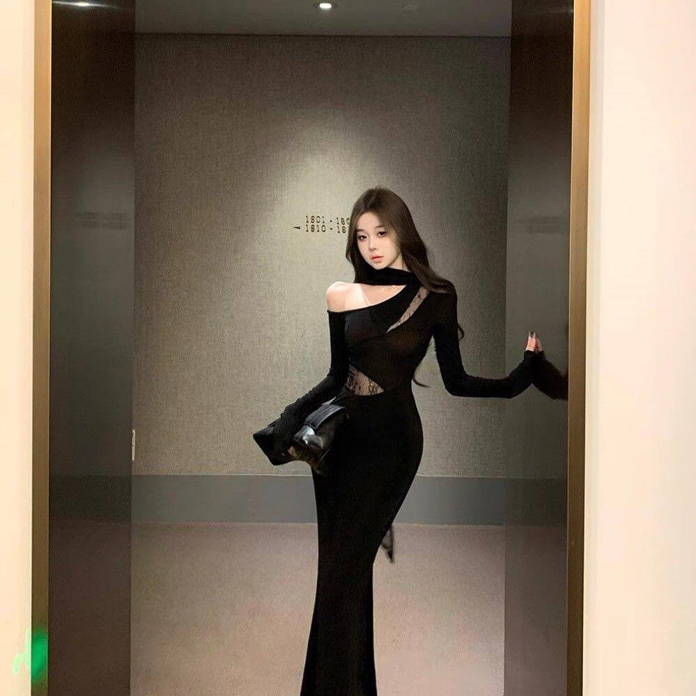 Women's Black One-Shoulder Lace Patchwork Long Sleeve Bodycon Dress for Spring/Autumn