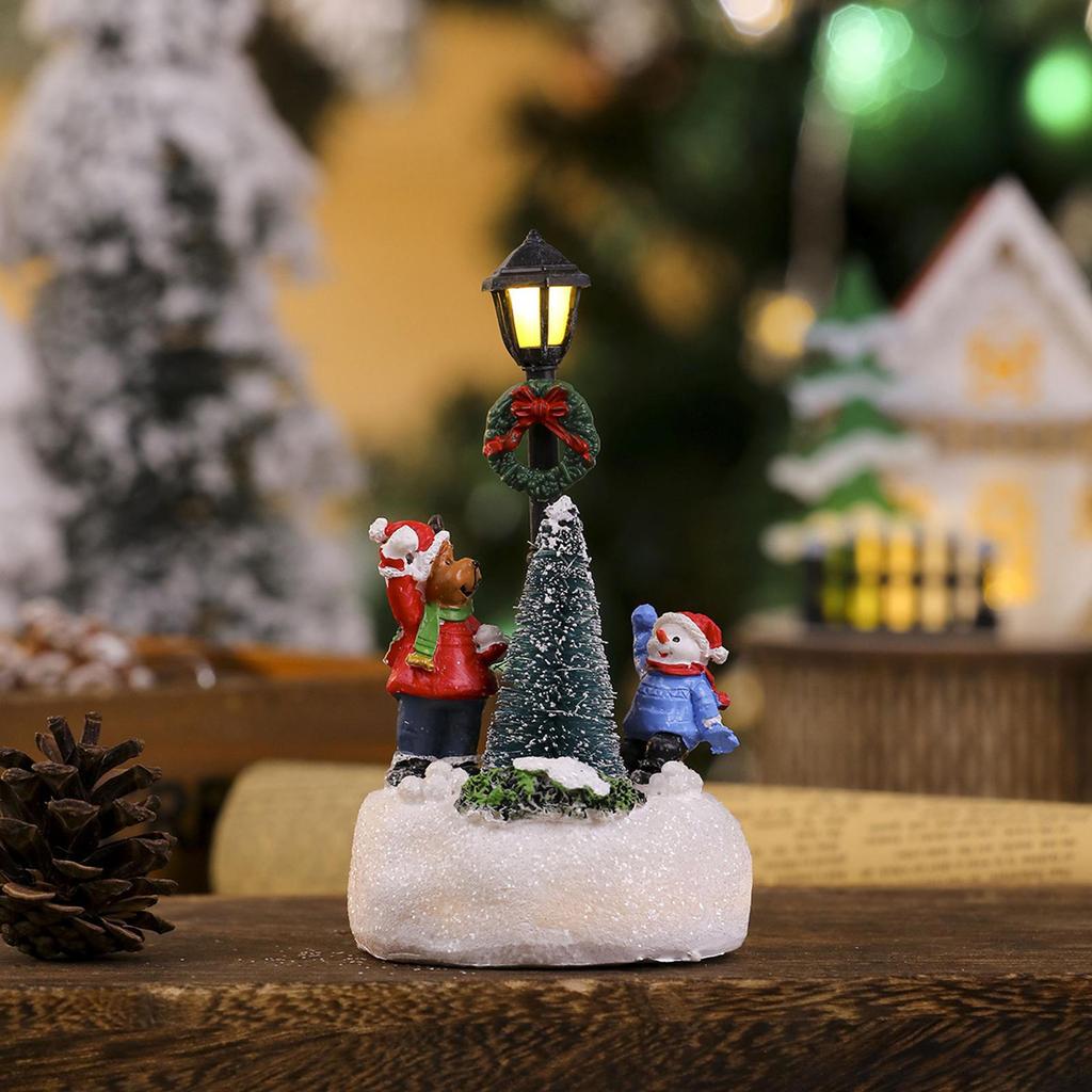 Christmas Village Scene Lamp Post Figurine Decorative Statues Xmas Accessories Lighted