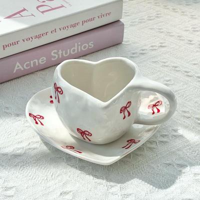 Red Bowknot Heart Ceramic Coffee Cup & Saucer Set
